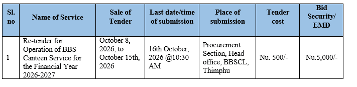 TENDER FOR OPERATION OF BBS CANTEEN SERVICES