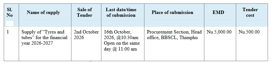 Tender for the supply of Tyres and Tubes